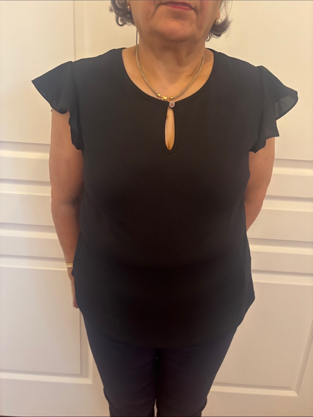 Catherine Malandrino Black Flutter-Sleeve Keyhole Blouse